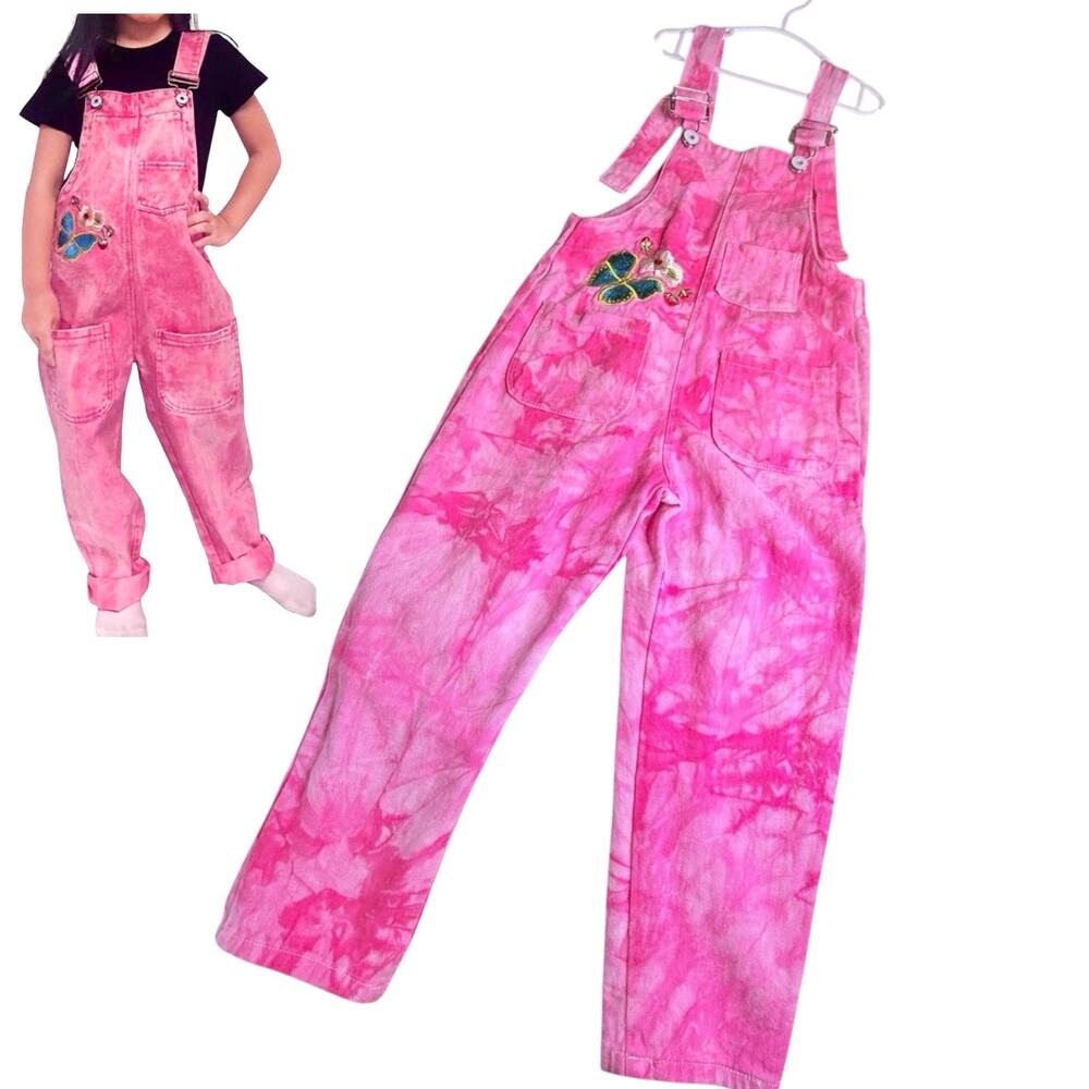 Peacolate Pink Bib Overalls Girls 6/8 Butterfly Embroidered Denim Dungarees Pant